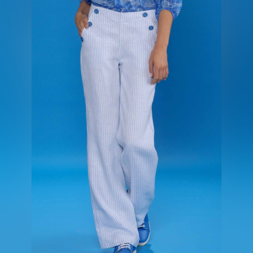 Escales Trousers Pont Striped Linen Blue and White